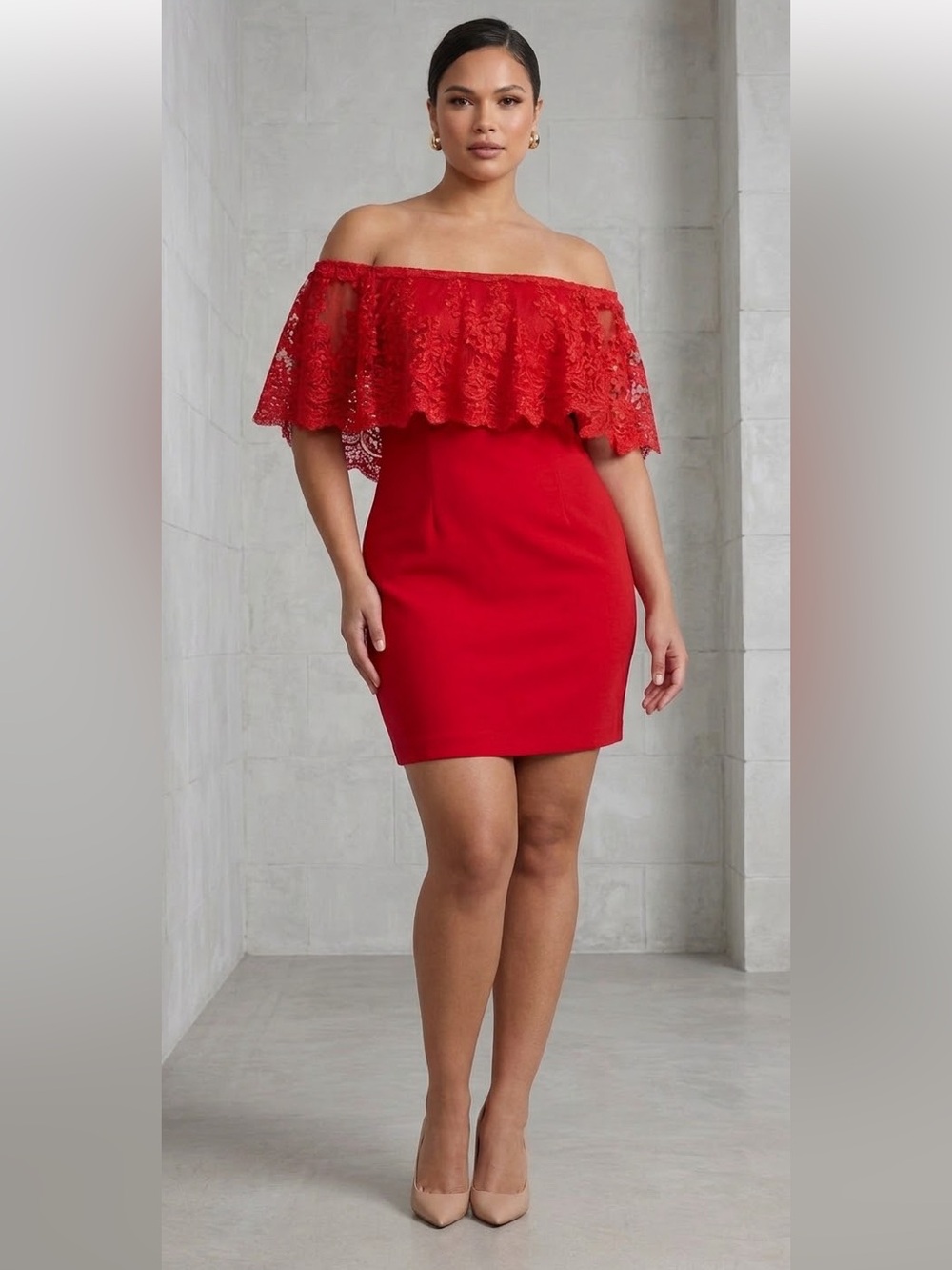 Belle Badgley Mischka Red Lace Flounce Off-the-Shoulder Mini Dress Size 12